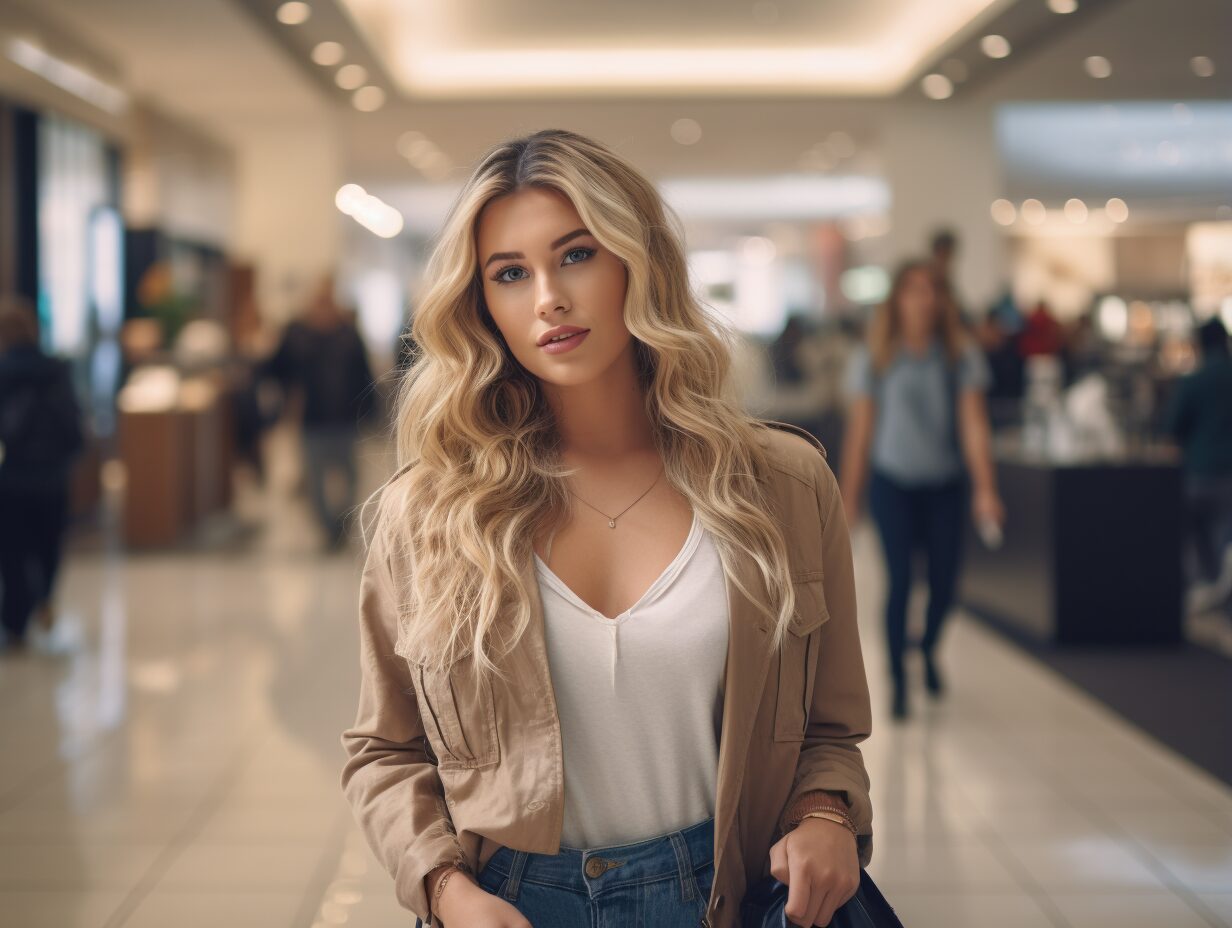 beautiful blonde shopper standing in mall